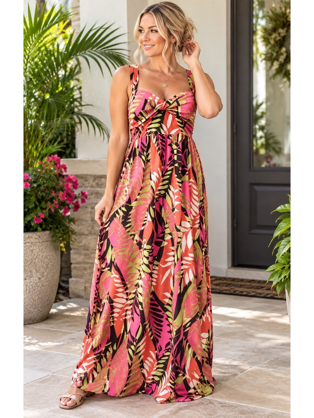 Maxi Dress Size 6 Madison Leigh Pink Tropical Cross Back Stretch